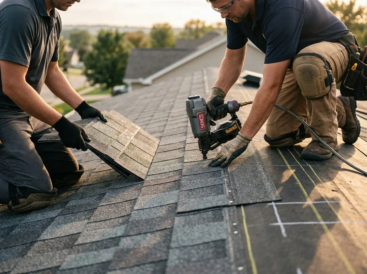 Professional roofer working on a residential roof in Pataskala